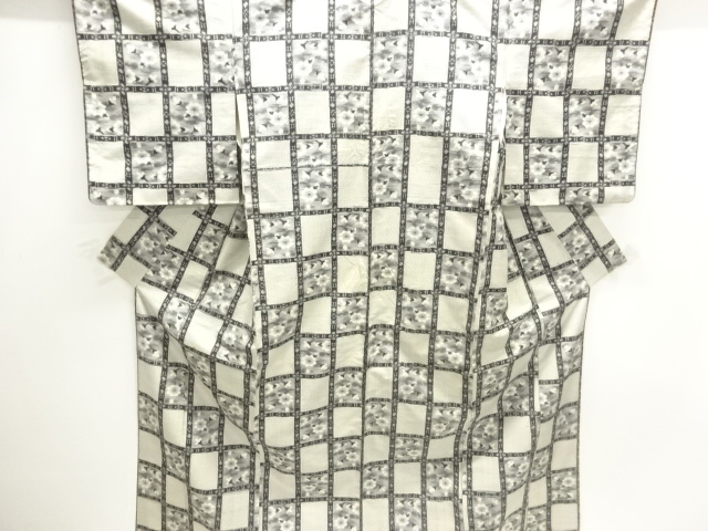 アンティーク　格子に花模様織出し十日町紬着物